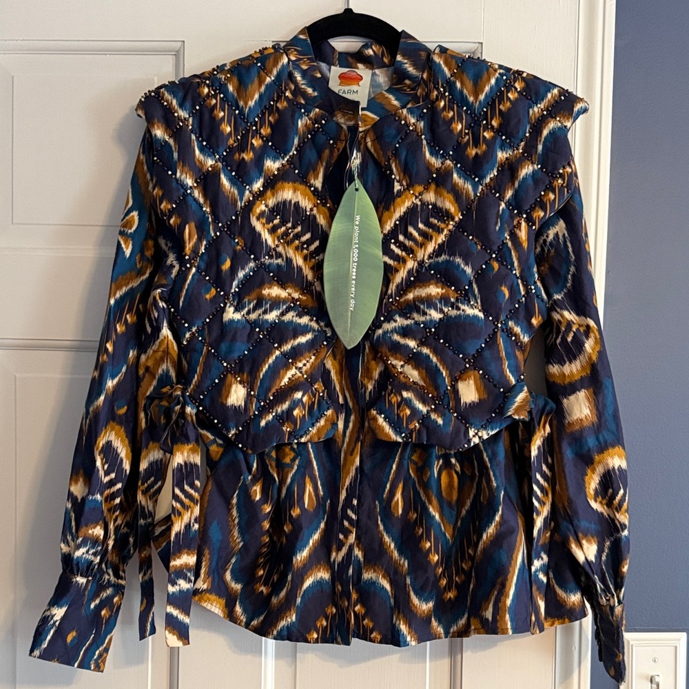 NWT Farm Rio Pineapple Ikat Long Sleeve Matelasse Blouse - Size Small